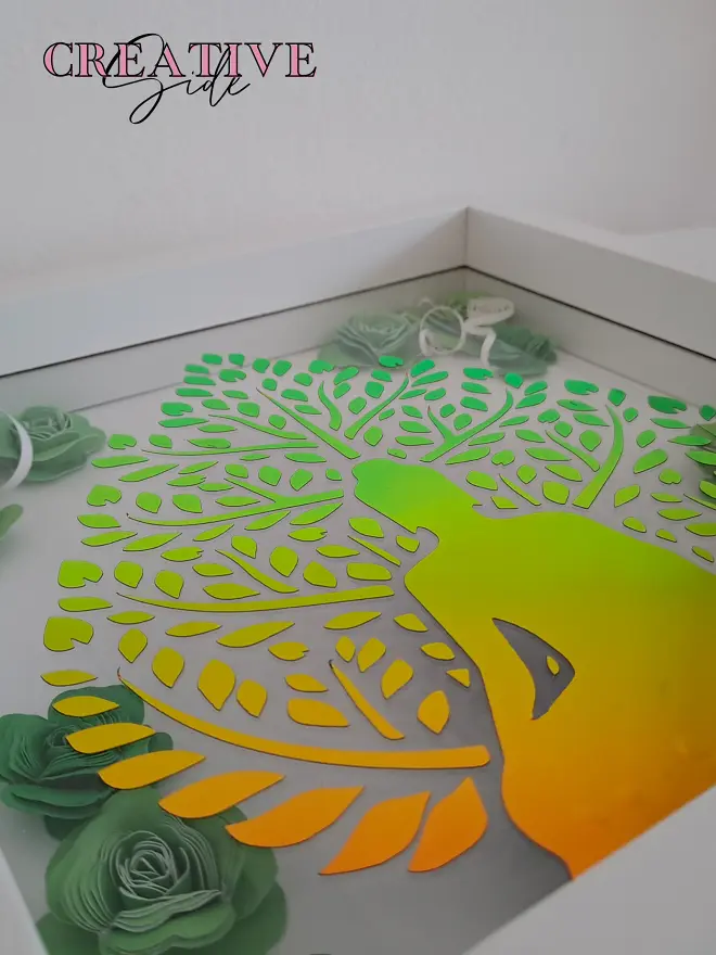 Shadow box - Buddha holografikus fóliával, gyönyörű zöld színű rózsákkal -Györgyi 3D Képkeretei -