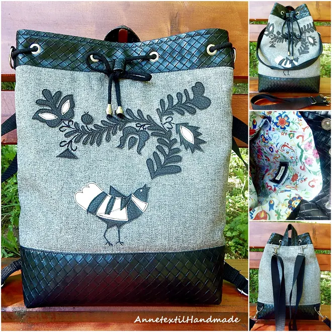 Magyar népmesék 2in1 kézműves hátizsák és válltáska - fekete, fehér, szürke Upcycled