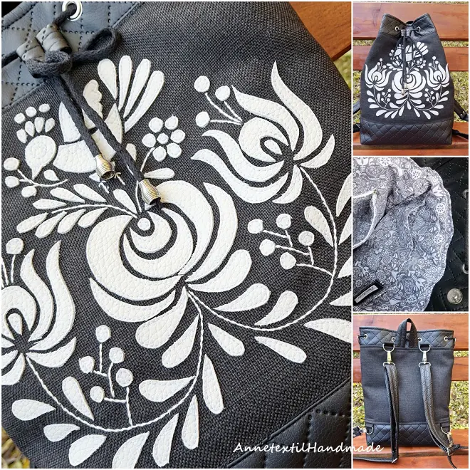 Matyó Madaras 2in1 Hátizsák és Válltáska - fekete - fehér - Upcycled