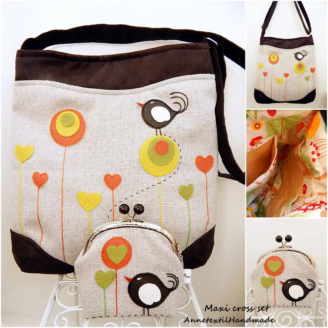 Valentin madaras, szíves válltáska, crossbody bag, tarisznya szett