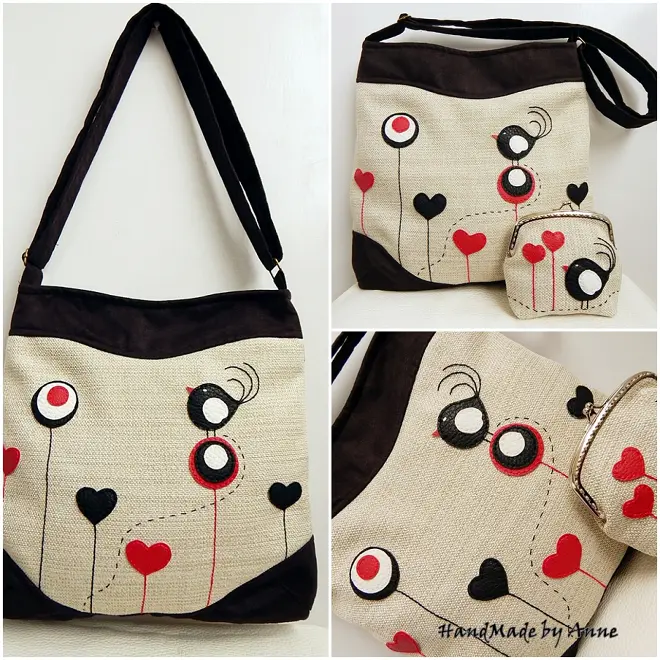 Valentin madaras, szíves válltáska, crossbody bag, tarisznya szett